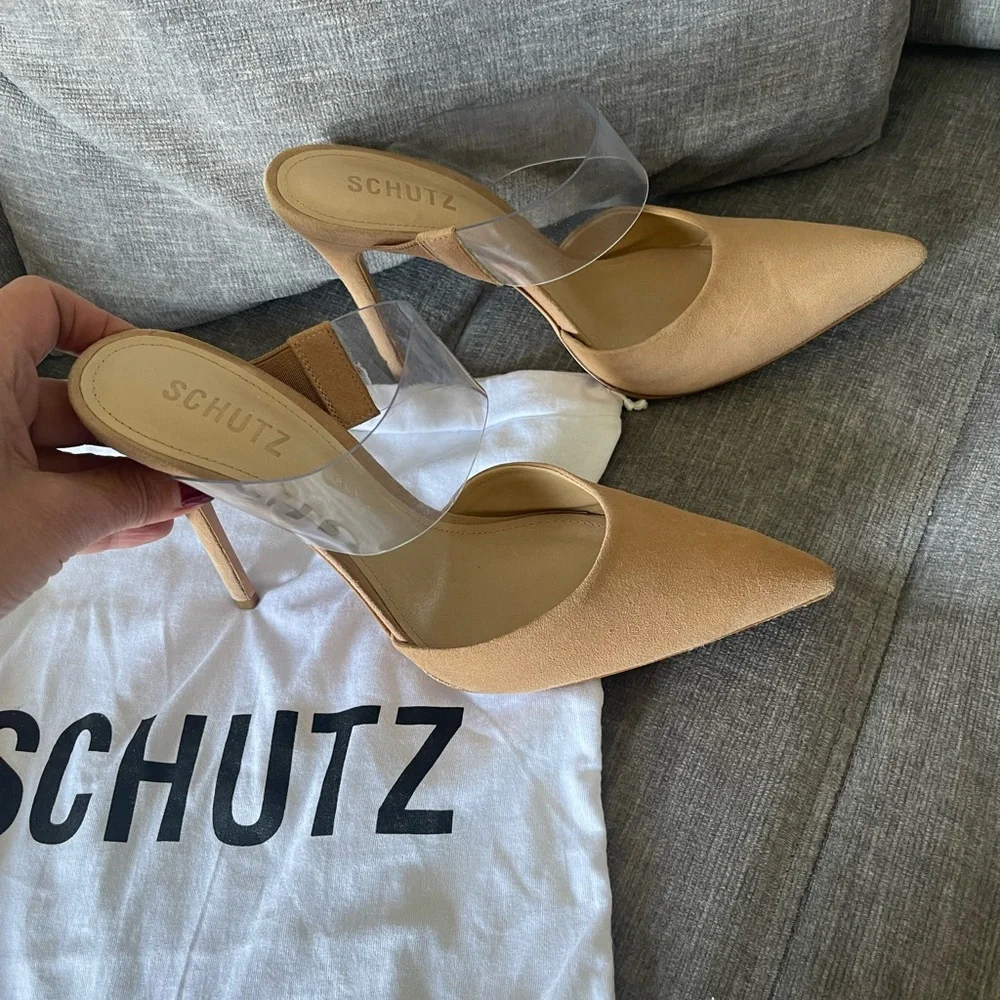 SCHUTZ Beige Mules Suade pumps sandals with clear Strap size 8 - Picture 7 of 9